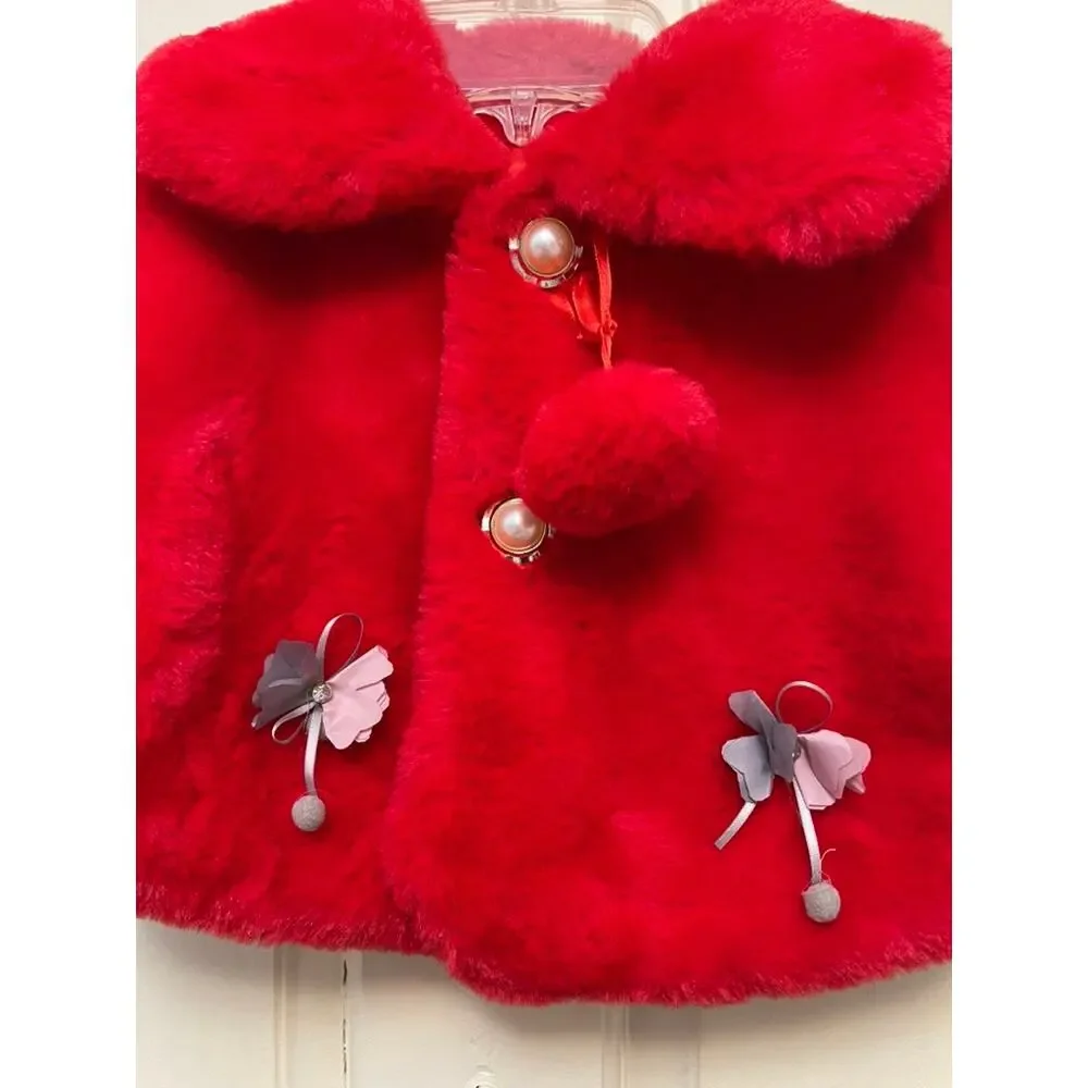 Red Fluffy Jacket Cape Coat Little Girls Pom Poms Flowers No brand Size Large